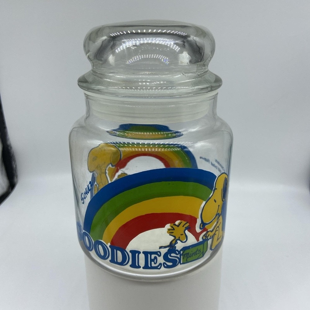 Vintage Peanuts Snoopy Woodstock Rainbow Goodies Glass Jar Canister with Lid